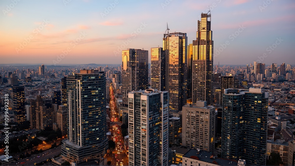 Obraz premium Generative AI, Modern Metropolis at Sunset with Reflective Skyscrapers