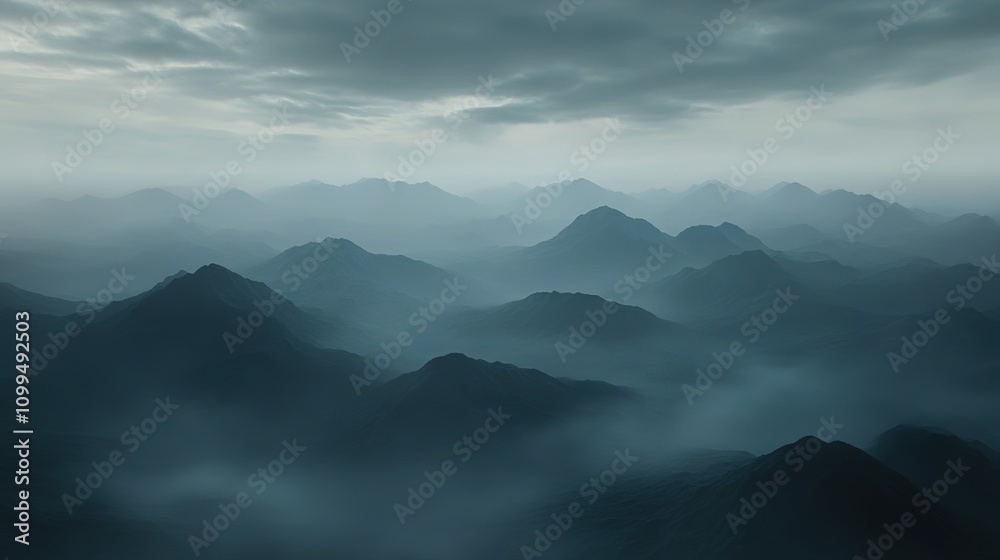 Fototapeta premium Aerial View of Mysterious Mountains Draped in Low Clouds with Dramatic Lighting Effects Creating an Enigmatic and Dreamlike Atmosphere.