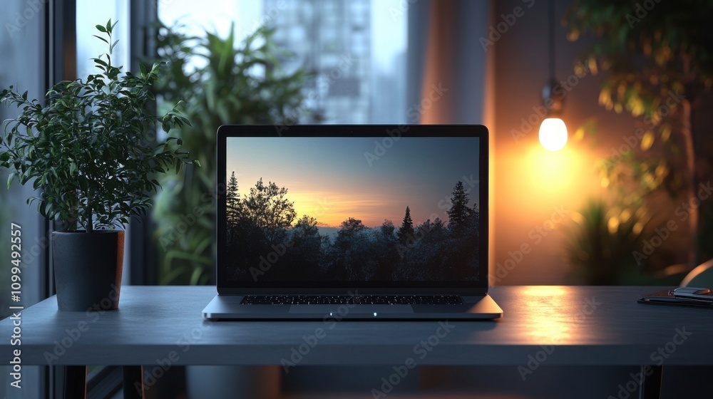 Fototapeta premium Laptop computer sitting on a desk with a plant in front of it