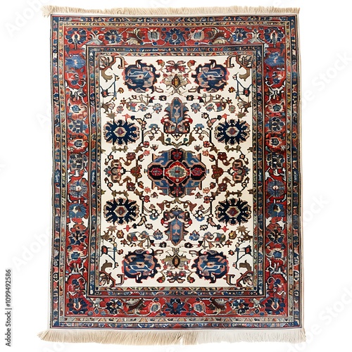 A Persian rug with an intricate geometric pattern in cream, blue, and red hues. The design features traditional motifs like floral designs and stylized animals, all arranged to create symmetrical photo