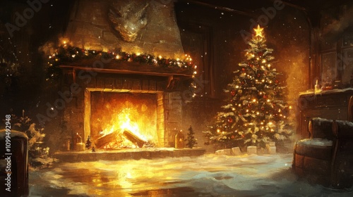 Cozy Christmas Fireplace Scene With Decorated Tree