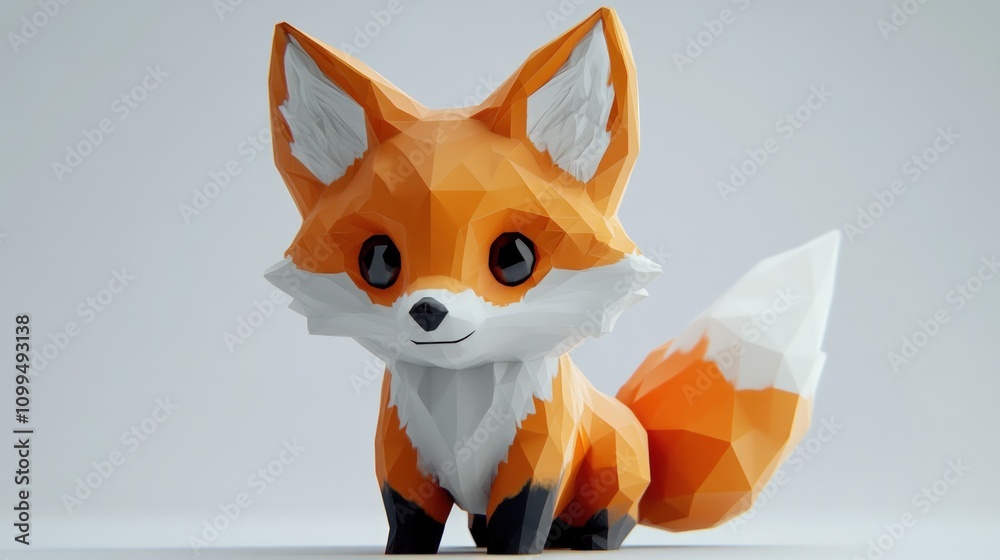 Obraz premium Adorable low-poly fox model, sitting, cute, orange, white.