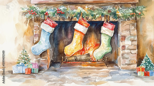 Watercolor cute flat illustration. Set of stockings hanging on the mantel on Christmas Eve, socks for fireplace mantel. Festive decoration interior room decoration, Winter and new year holiday.