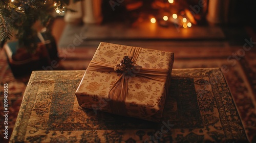 Christmas Gift Wrapped Beautifully Near Fireplace