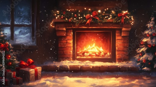 A Cozy Christmas Fireplace Scene With Gifts and Trees