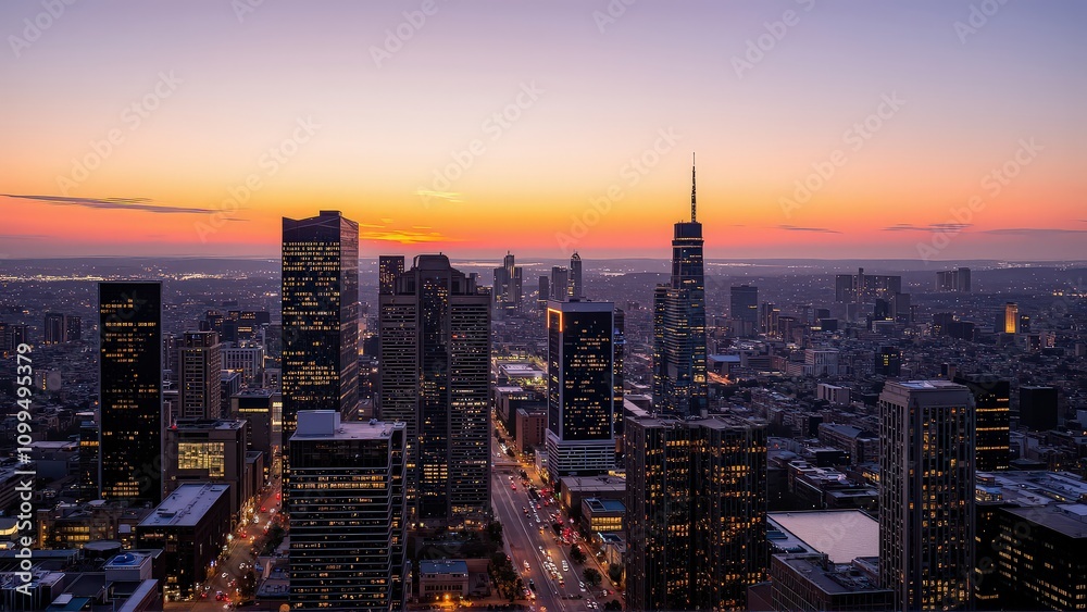 Obraz premium Generative AI, Modern Metropolis at Sunset with Reflective Skyscrapers