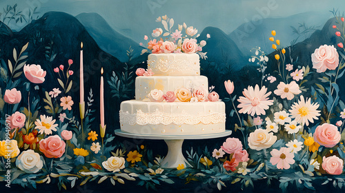 A pastel-colored gouache painting of a serene birthday celebration, with soft floral motifs, elegant decorations, and a single-tier cake decorated with delicate ribbons and lace. photo