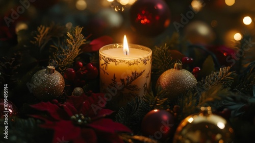 Festive Candle Lit Amidst Christmas Ornaments And Greenery