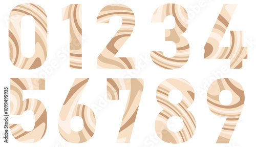 Set of colorful numbers with wavy pattern isolated on white. Alphabet with numbers. Vector graphic elements for design. Abstract pattern with lines. Brown, beige color. Coffee, cafe, sweet