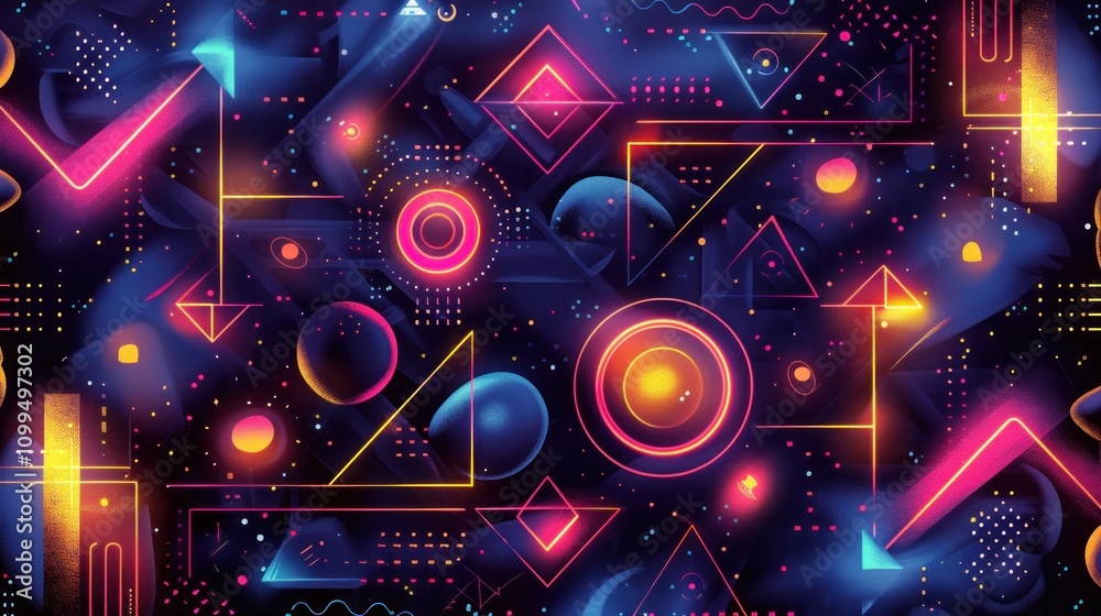Obraz premium Vibrant neon geometric shapes and patterns on dark background.