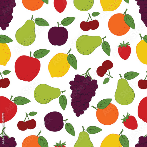 Seamless pattern with fruits. A pattern depicting fruits such as an apple, a pear, a plum and a lemon with grapes and also a cherry with strawberries. Fruit pattern for print and packaging. Vector