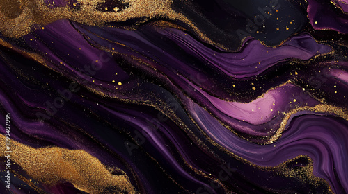 Luxury purple and gold stone marble texture. Alcohol ink technique abstract background. Modern paint with glitter. Template for banner, poster design. Fluid art painting
