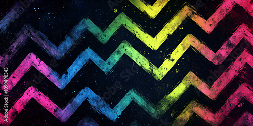 Rainbow Zig Zag: A vibrant, abstract pattern of rainbow-colored zig zags on a dark background, creating a dynamic and playful visual. The textured, brushstroke effect adds depth and intrigue. photo