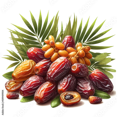 Tropical Dates and Palm Leaves – Digital Illustration of Red and Orange Dates with Green Palm Leaves on White Background