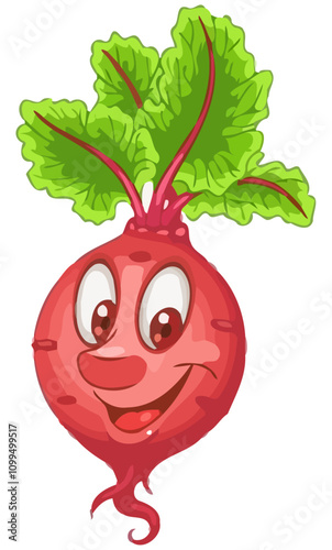 Cartoon Illustration of a Happy Red Beetroot with Green Leaves – Smiling Vegetable on White Background