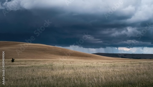 The Calm Before the Storm - A peaceful landscape under darkening clouds, symbolizing anticipation and the moments before major change  photo