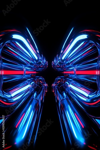 Futuristic Neon Tubes Creating a Symmetrical Design with Vibrant Blue and Red Colors on a Black Background for Abstract Visual Effects and Modern Art Concepts