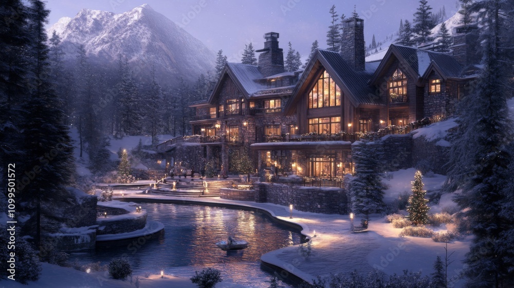 Obraz premium Luxurious Winter Mountain Lodge Illuminated At Night