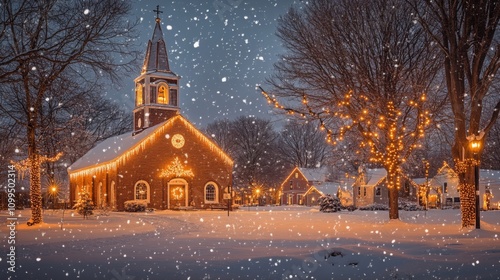 Snowfall Illuminates Christmas Church Scene photo