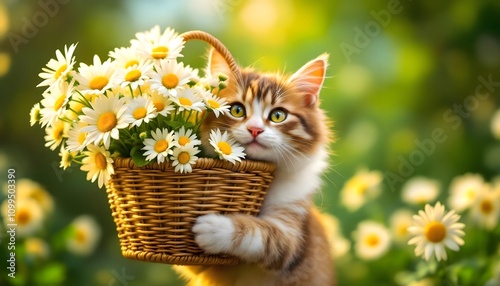 Cat Carrying a Basket of Daisy Flowers photo