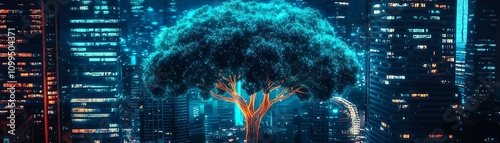 A vibrant, glowing tree stands amidst a futuristic cityscape, illuminated with neon lights, symbolizing nature and technology's harmonious coexistence.