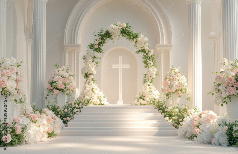 Fototapeta premium beautiful wedding stage design featuring white flowers, greenery, and cross. elegant setup creates romantic atmosphere perfect for memorable ceremony
