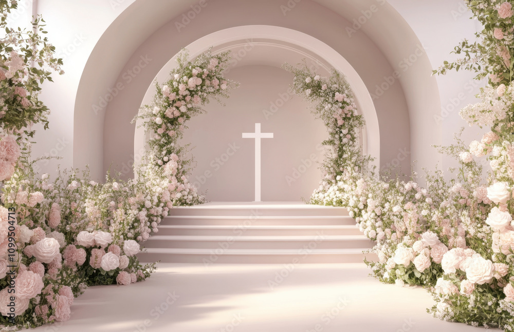 Fototapeta premium serene wedding stage design featuring white cross surrounded by lush floral arrangements in soft pink hues. elegant setting evokes romantic atmosphere perfect for special ceremony