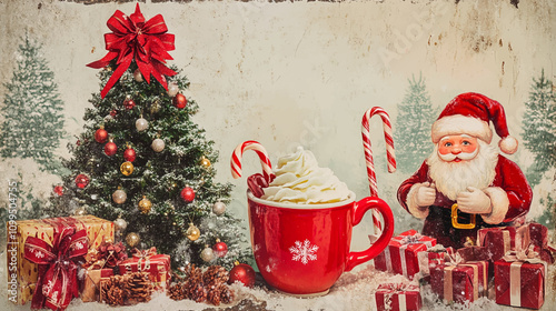 Vintage Christmas collage with red Christmas bows, retro Santa Claus, Christmas tree, red mug with hot chocolate, whipped cream, candy cane in front vector illustration.