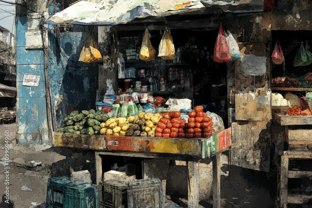 Fototapeta premium Fruit and vegetable stand, weathered building, vibrant colors.