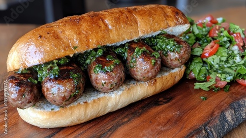 Grilled argentinian choripan sandwich street food food stall urban setting close-up culinary delight photo