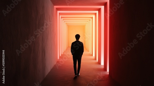 A silhouetted figure walks through a vibrant, illuminated tunnel, creating a striking contrast between the dark and colorful light.