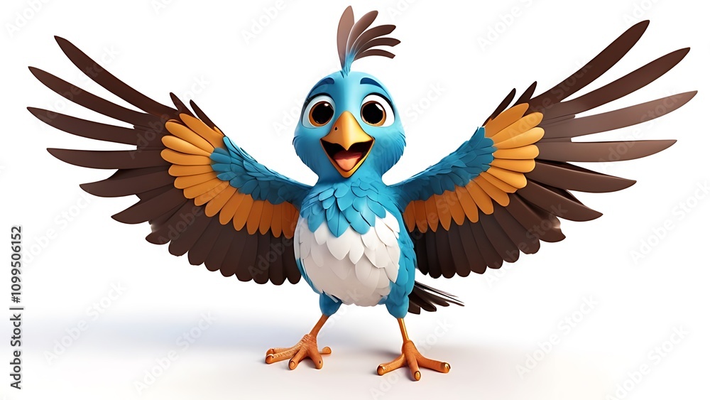 Fototapeta premium A 3D cartoon bird flapping its wings, looking cheerful, with a white background 