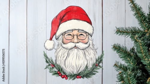 Santaa??s face with a red hat and a white beard on a window cling photo