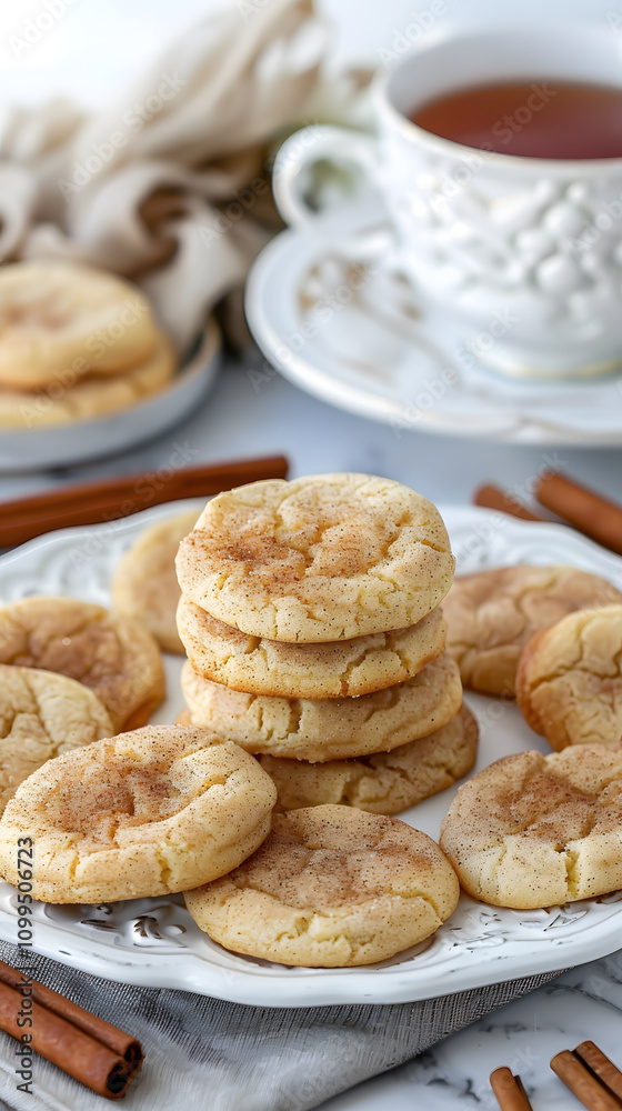 Warm snickerdoodle cookies with cinnamon sticks stacked on white platter and tea Warm snickerdoodle cookies with cinnamon sticks stacked on white platter and tea