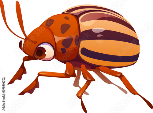 Cartoon funny Colorado potato beetle insect character with oversized googly eyes, striped shell and vibrant antennae. Isolated vector Leptinotarsa decemlineata, playful garden pest or bug personage