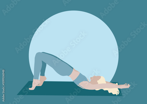 Yoga Figures Floor Pose Woman Character Vector, woman in a crab yoga pose, stretching body health and fitness, calm zen meditation, pilates dance class, body positive, healthy lifestyle illustration