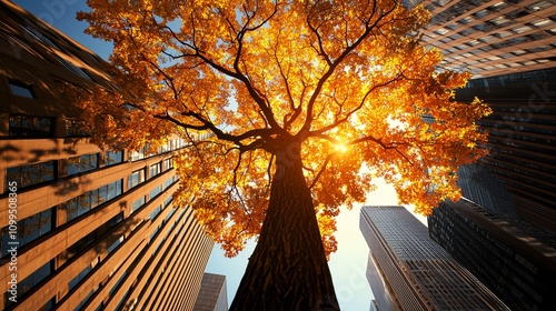 A vibrant autumn tree stands tall among skyscrapers, glowing warmly in sunlight, creating a stunning contrast between nature and urban architecture.