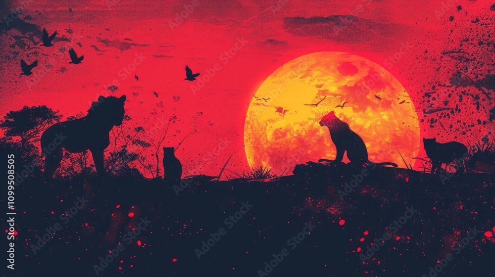 Silhouetted animals at sunset with large moon. Silhouetted animals at sunset with large moon.