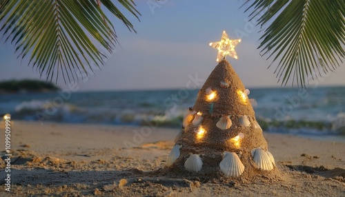 Small Christmas tree made of sand and sea shells, with little Christmas light on it, on the beach under the palm in suton photo