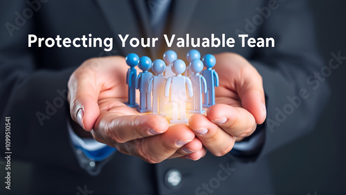 Protecting Your Valuable Team: A businessman's hands gently cradle a group of blue figures, symbolizing the care and protection afforded to a valued team.  A powerful image representing workforce. photo