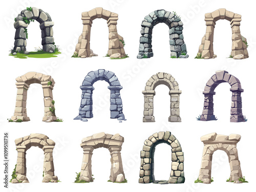 Stone medieval gates set. Front view. ancient arch. Game building facade entrance doore design elements. Dungeon fortress archway pillar doorway. Cartoon style isolated vector clipart collection
