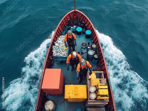 Dedicated Environmental Activists Aboard a Research Ship Meticulously Gathering and Cataloging Offshore Marine Plastic Debris in a Cinematic Aerial View of the Ocean Cleanup with a Wes photo