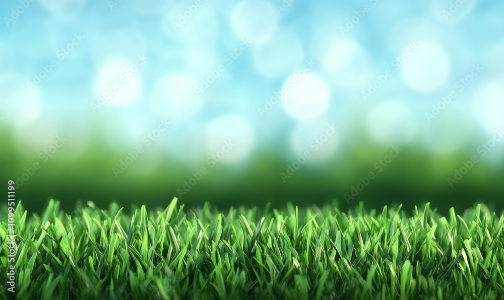 Fototapeta premium Sunny Spring Meadow: Lush Green Grass, Blue Sky, Light Bokeh; Perfect Background For Text Vibrant Colors 