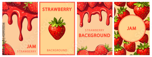 Strawberry jam vertical backgrounds set. Fresh berry fruit pattern. Liquid dripping drops border. Organic sweet healthy natural dessert food banner with place for text. Cartoon style vector