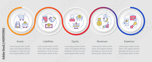 General ledger document categories infographics circles sequence. Obligations, responsibilities. Visualization layout with 5 steps. Info chart loop process presentation. Myriad Pro-Regular font used