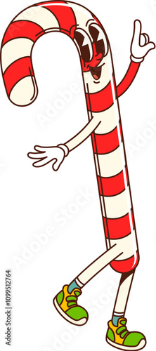 Groovy cartoon Christmas candy cane character for winter holiday, vector comic emoji. Groovy funky candy cane with smiling face in hipster shoes for Christmas or New Year sweet retro cartoon character