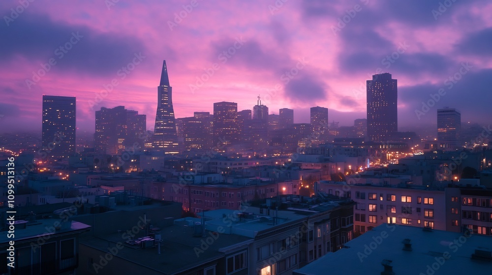 Obraz premium Vibrant Cityscape at Dusk with Dramatic Sky and Illuminated Skyscrapers