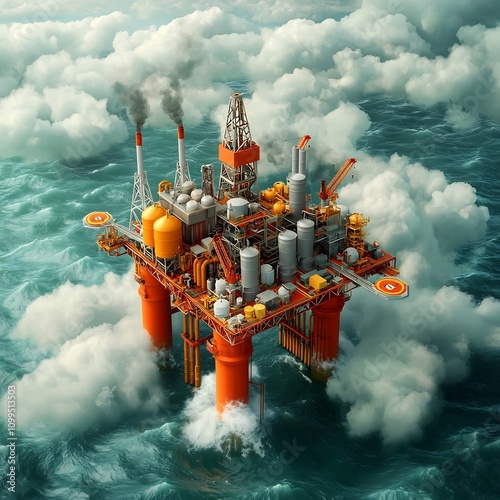 Dramatic bird s eye perspective of an offshore oil rig platform in the middle of the open sea with an intricate network of pipes tanks and rigs protruding from the water s surface photo