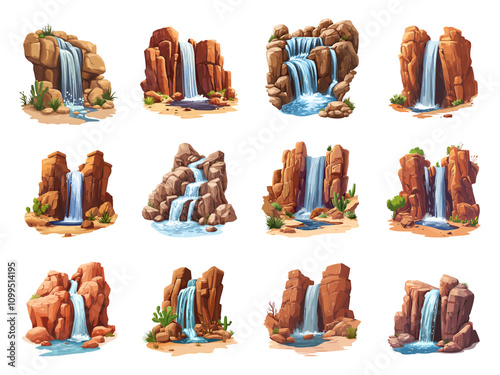 Wild West waterfalls set. Cascade of river in mountain rocks. Natural fountain valley station in the desert water stream. Game asset design element. Cartoon style isolated vector clipart collection