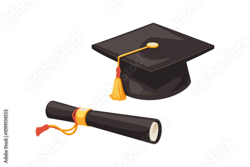 Vector illustration of a graduation cap and a rolled diploma flat style design isolated on white. 
